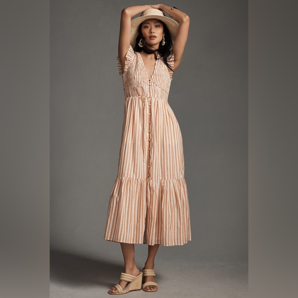 Anthropologie Sleeveless Peach-Striped Button-Front Midi Dress